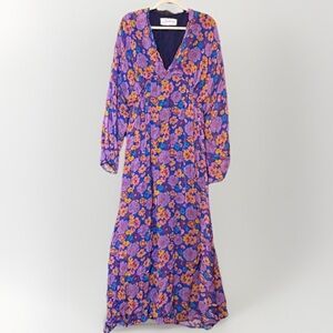 Sundress Floral Maxi Dress M/L Blue Purple Orange V-Neck Long Sleeve Boho